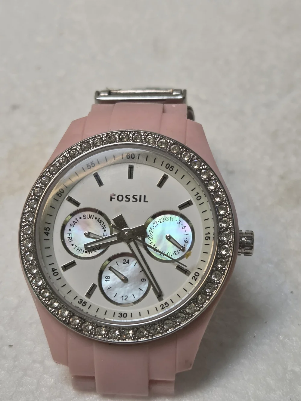 Fossil Pink Silicone Crystal Accent Women's Watch